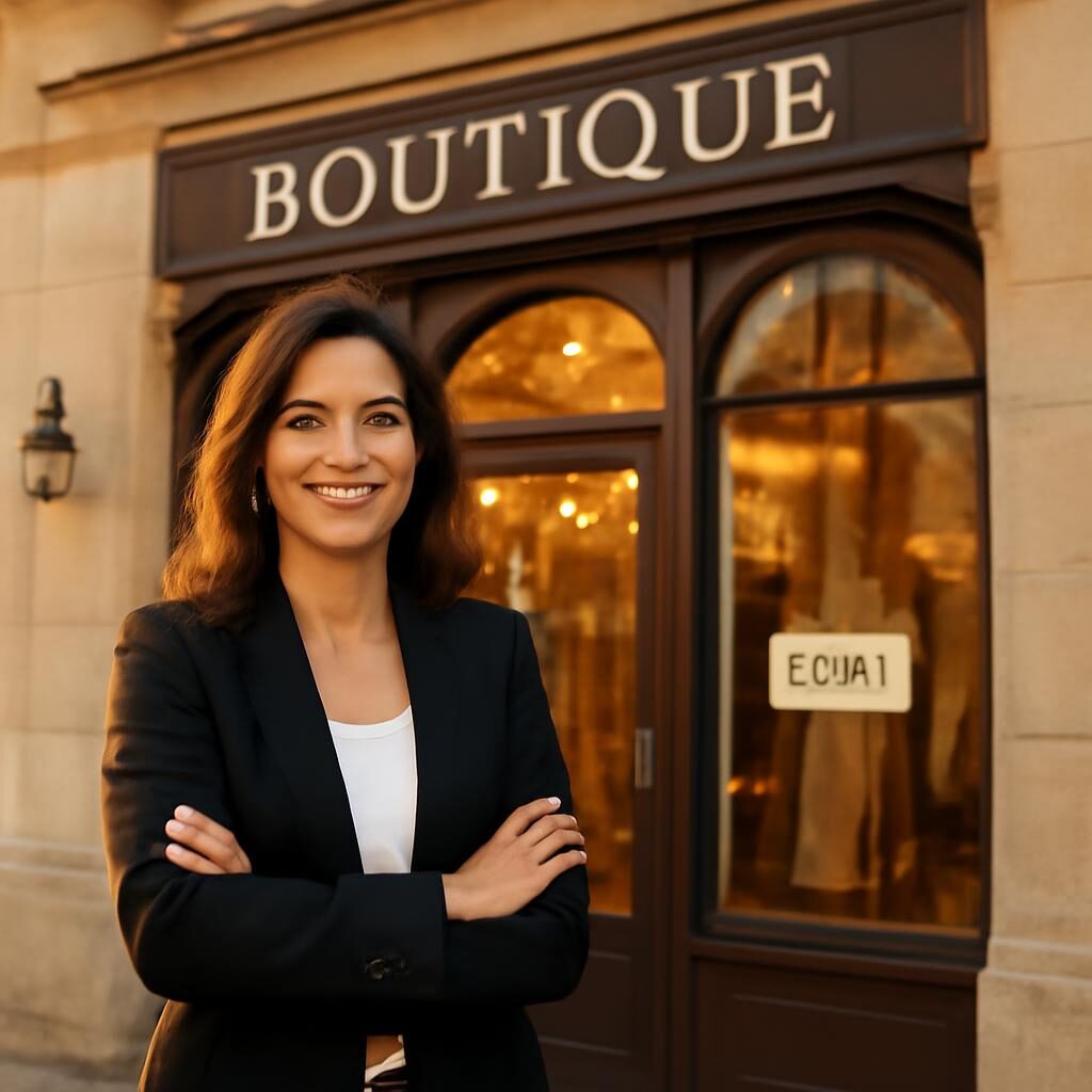 Entrepreneure après versement ARCE devant sa boutique
