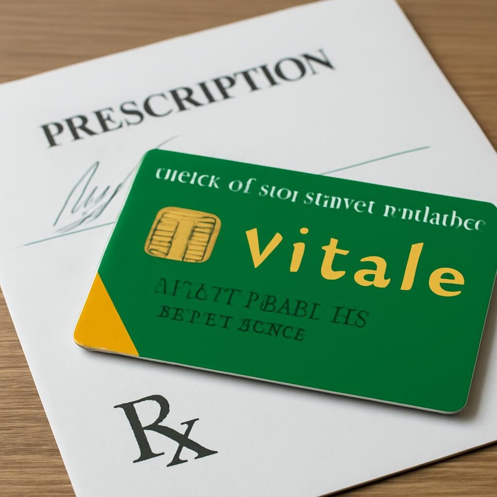 Carte Vitale et ordonnance sur le bureau d'un patient