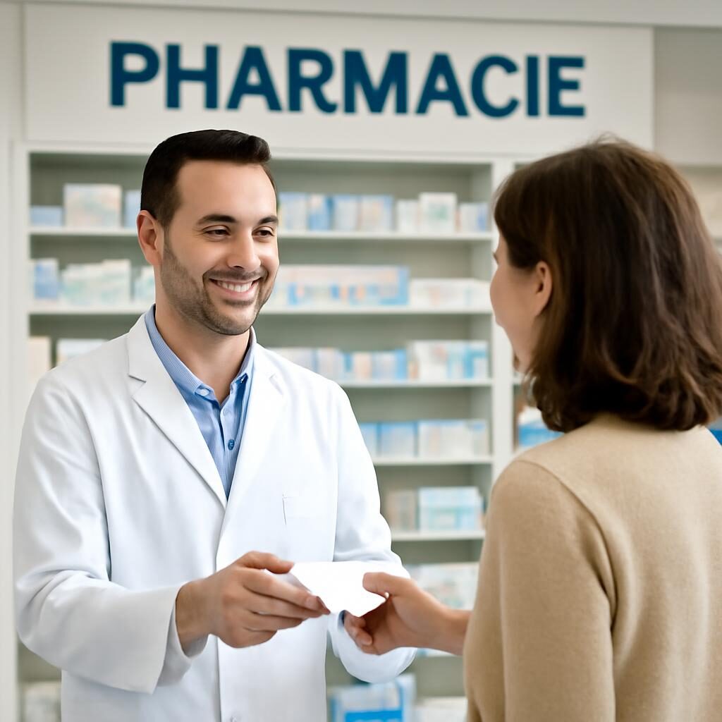 Pharmacien remettant des médicaments à un client